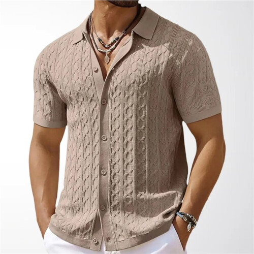Herren-Kurzarm-Strickhemd mit Vertikalem Jacquardmuster Khaki L 1