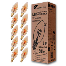 greenandco E14 C35 LED Vintage Filament Bulb 2W Replaces 16W 150lm 2000K Extra Warm White 360 230V, no Flicker, not dimmable, 10-Pack