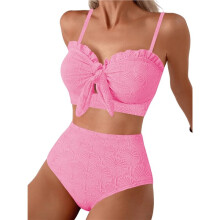 Dames Bikini Set met Schelpstructuur, Geknoopte Voorkant, 2-Delige Badpakken met Ruches Roze XS
