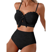 Dames Bikini Set met Schelpstructuur, Geknoopte Voorkant, 2-Delige Badpakken met Ruches Zwart XS