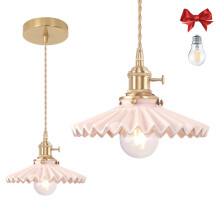 Bravsekai Pink Pleated Glass Pendant Light, 1 Natural Light Bulb Included, Adjustable Cord with Switch, Suitable for Kitchen Island/Dining Room