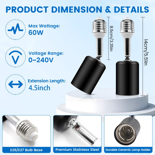 Ceramic Light Bulb Socket Extender, Heat-Resistant E26/E27 Light Socket Adapter with 4.5 Inch Extension for Camera, Lamp 1