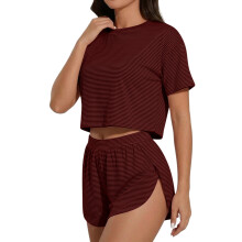 Damrandig Kortärmad och Shorts Pyjamas Set Djupröd L