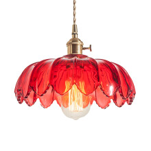 NICRX 25cm Industrial Vintage Pendant Lighting Fixture Glass Lotus Lamp Shade Pendant Light Chandelier E27 Brass Finish Ceiling Hanging Lamp (Red)