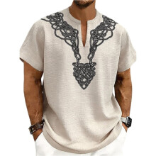 Heren Linnenmix Losse Vikingknoopprint Henley Hals Korte Mouw Casual Shirt Abrikooskleur XL
