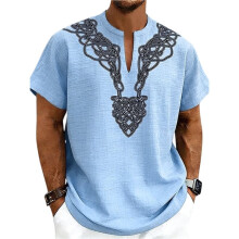Heren Linnenmix Losse Vikingknoopprint Henley Hals Korte Mouw Casual Shirt Lichtblauw S