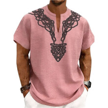 Heren Linnenmix Losse Vikingknoopprint Henley Hals Korte Mouw Casual Shirt Roze M