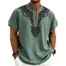 Heren Linnenmix Losse Vikingknoopprint Henley Hals Korte Mouw Casual Shirt Groen XXXL