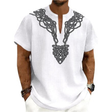 Heren Linnenmix Losse Vikingknoopprint Henley Hals Korte Mouw Casual Shirt Wit XXXL