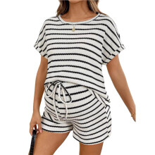 Vrouwen Materniteit 2-Delige Outfits Gestreepte Crew Neck Korte Mouwen T-Shirt en Shorts Zwangerschap Sets Wit S