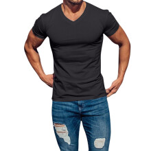 Heren Effen Kleur V-Hals Vochtregulerend Sneldrogend Sport T-Shirt met Korte Mouwen Zwart XL