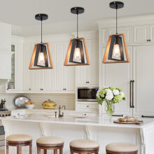 Mikeru Farmhouse Hanging Pendant Lights, 3 Pack Rustic Style Recessed Kitchen Island Pendant Lights, Black Metal and Wooden Design