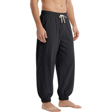 Men'S Linen Blend Drawstring Elastic Waist Loose Fit Jogger Beach Pants Black XXXL