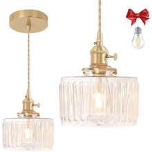 Bravsekai Clear Striped Glass Pendant Light, 1 Natural Light Bulb Included, Adjustable Cord with Switch, Suitable for Kitchen Island/Dining Room