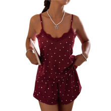Dames Tanktop en Shorts Loungewear Pyjama Set met Kantafwerking en Hartprint Wijnrood M