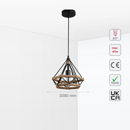 TEKLED Manila Hemp Rope Black Diamond Pendant Light | E27 Fitting | Adjustable Hanging Light | Rustic Hemp Rope Ceiling Light 2