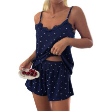 Dames Tanktop en Shorts Loungewear Pyjama Set met Kantafwerking en Hartprint Diep Blauw L