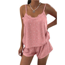 Dames Tanktop en Shorts Loungewear Pyjama Set met Kantafwerking en Hartprint Diep Bloem XL