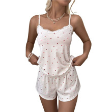Dames Tanktop en Shorts Loungewear Pyjama Set met Kantafwerking en Hartprint Wit S