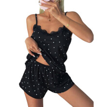 Dames Tanktop en Shorts Loungewear Pyjama Set met Kantafwerking en Hartprint Zwart XL