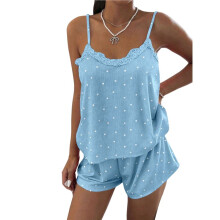 Dames Tanktop en Shorts Loungewear Pyjama Set met Kantafwerking en Hartprint Lichtblauw S