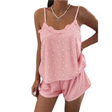 Dames Tanktop en Shorts Loungewear Pyjama Set met Kantafwerking en Hartprint Rozeachtig Wit XL