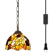 Blivuself Tiffany Pendant Hanging Light Plug in Light Fixture Orange Grapes Leaves Stained Glass Hanging Lamp for Home Decor Dining Living Room Study