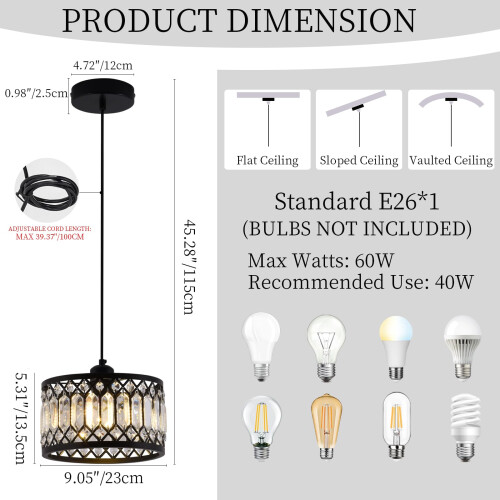 GreeLustr Crystal Black Pendant Light Fixture, Modern Hanging Ceiling Light Adjustable Height 1