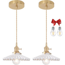 Bravsekai White Pleated Glass Pendant Light, 2 Natural Light Bulbs Included, Adjustable Cord with Switch, Suitable for Kitchen Island/Dining Room
