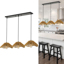 TERLEENART Bobo 3 Light Pendant Light, Hard Wired Hanging Chandelier with 12” Flower Paper Rope Rattern Shade,Suspended Lighting Fixture for for