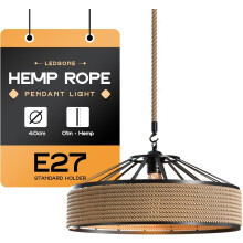 LEDSone Hemp Rope Pendant Light, Vintage Industrial Ceiling Light Fitting 40cm Metal Lampshade, 1m Adjustable Rope E27 Holder for Living Room