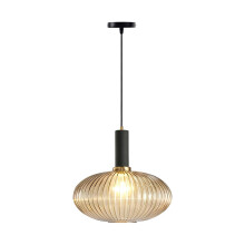 EKSED Modern Ribbed Glass Pendant Light with E27 Socket, Ceiling Hanging Light Fixture for Kitchen Island, Bedroom (Amber, 30cm)