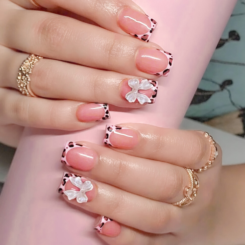 Phui-Pet-Supplies 24Pcs Pink Leopard Print Fake Nails, Unbreakable Diy