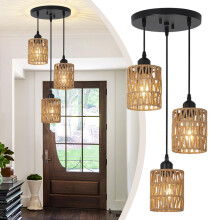 CRFASIBE 3-Light Rattan Pendant Light, E26 Boho Kitchen Island Hanging Lamp