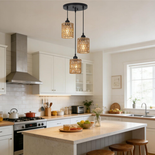 CRFASIBE 3-Light Rattan Pendant Light, E26 Boho Kitchen Island Hanging Lamp 1