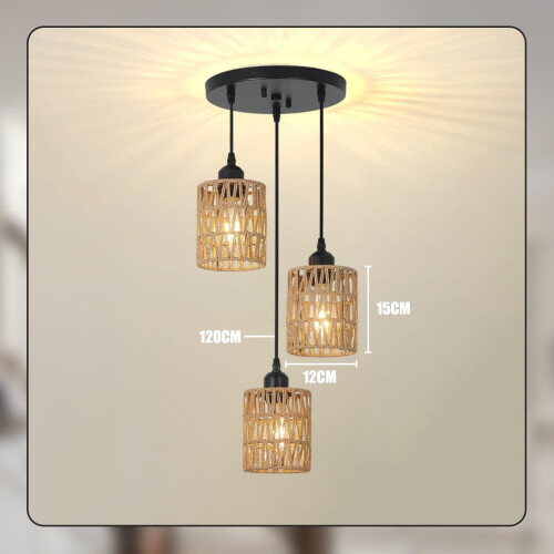 CRFASIBE 3-Light Rattan Pendant Light, E26 Boho Kitchen Island Hanging Lamp 2