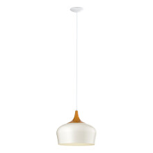 Eglo Pendant Light Obregon, 1-Light Modern Hanging lamp, Metal Pendant in Cream and Oak Wood, Dining Table lamp