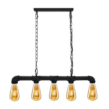 LEDSone Industrial 5 Way Pipe Pendant Lamp E27 Black Ceiling Light Fixture with 95cm Adjustable Hanging Chandelier for Dining Room, Kitchen Island