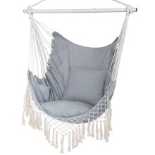 Hanging Chair, Hanging Rope Swing Seat with 2 Cushions,Macrame Hanging Chair Side Pocket With High Load-Bearing Metal Rod,for Indoor, Outdoor
