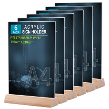 Srvnpioy Acrylic Sign Holders A4 Table Stands (Pack of 6) T-Shape Wooden Base Menu Holders for Restaurants School Office