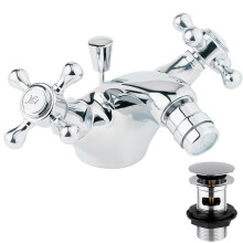 Deva TUD114 Tudor Bidet Mixer Tap in Chrome-with Pop Up Waste-Dual Cross Handle-Hot & Cold Victorian Era Deck Mounted Bathroom Basin Single Hole