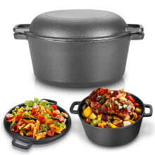 4.5L BBQ Cast Iron Pot, 2 in 1 Saucepan Double Dutch Oven Combo Stove with Branded Double Function Lid/Frying Pan for Kitchen Camping Garden BBQ