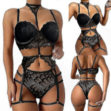 (Black, XL) Conjunto de lencería de encaje para mujer, con liguero, tirantes ajustables y aros, poliéster y elastano, para ocasiones especiales