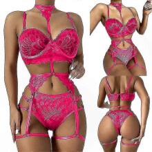 (Rose Red, S) Conjunto de lencería de encaje para mujer, con liguero, tirantes ajustables y aros, poliéster y elastano, para ocasiones especiales