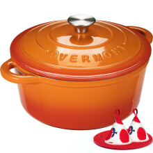 Overmont 28cm/6.6L Enamelled Cast Iron Round Casserole Pot With Lid Cookbook & Cotton Potholders - Non-stick Dutch Oven Cookware for Braising, Stews