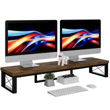 IBUYKE Dual Monitor Stand Riser, Wooden Desktop Computer Monitor Stand Storage Shelf and Steel Legs, Dual Screen Office Desk, Monitor Riser for Print