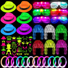 Aodaer 94 Pieces Neon Party Supplies kit Includes 6 Plastic Fedora Hats 6 Colorful Wigs 6 Flashing Light up Glasses 12 Glow Bracelets 44 Photo Booth