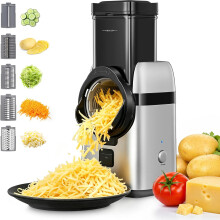 FOHERE 5 in 1 Electric Cheese Grater, Large Feed Chute Electric Grater Vegetable Shredder with Multi Replaceable Blades and Storage Box,Cheese Slicer