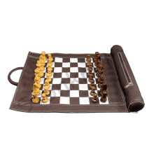 StonKraft 19" x 15" (Chess Board Size 12" x 12") Genuine Roll-Up Leather Chess Set - With Wooden Chess Pieces - Brown Colour