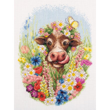 PANNA - Counted Cross Stitch Kit - Embroidery Kit - J-7217 - Pre-Sorted Threads - Sunny the Cow - Aida - 7.7 x 10 Inch - DIY Kit
